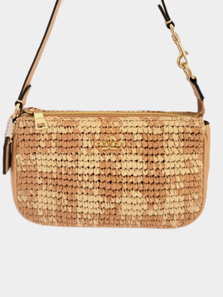 Coach Cen00 Nolita 19 Gingham Print Straw Small Handbag Clutch Wristlet Gold Tan